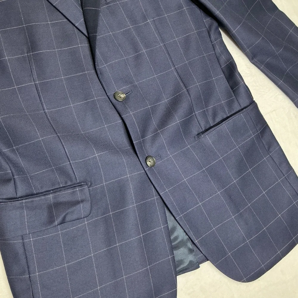 Paul Frederick Mens Navy Windowpane‎ Wool Blazer Sport Coat Size 38R